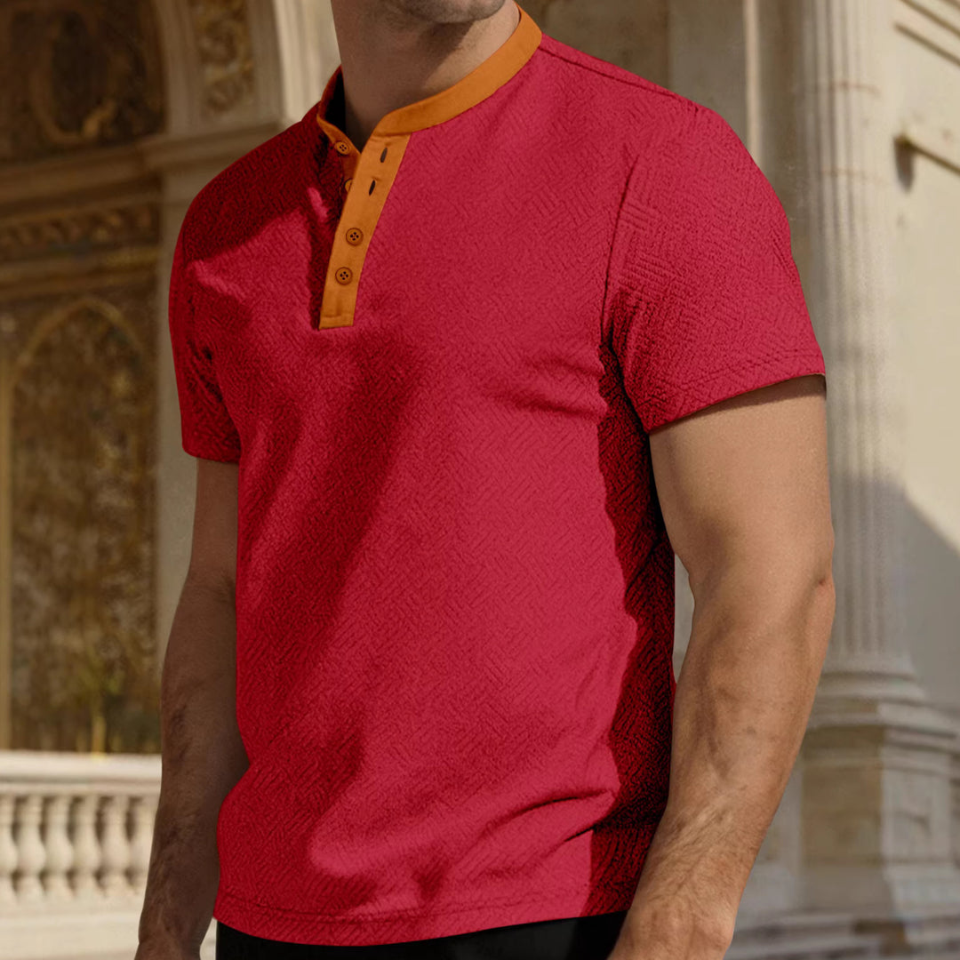 Herren nan schlankes Kurzarm-Henley-Poloshirt mit Mandarin-Kragen und feiner Jacquardstruktur R&B