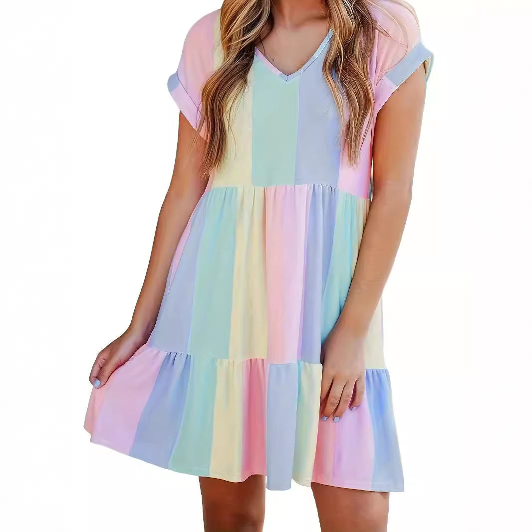 Damen lässiges Sommerkleid im modernen Streifendesign mit V-Ausschnitt und Volant R&B