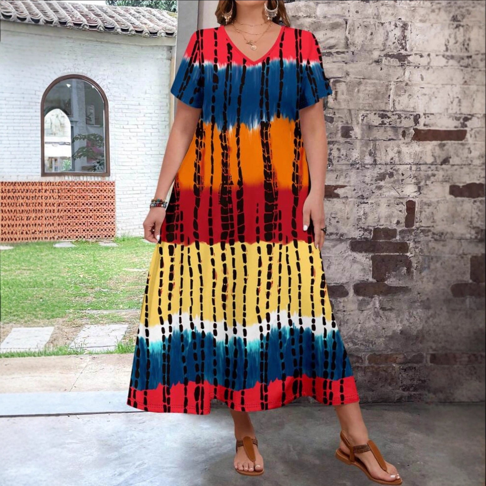 Damen Maxikleid mit modernem Farbverlauf und grafischem Muster R&B