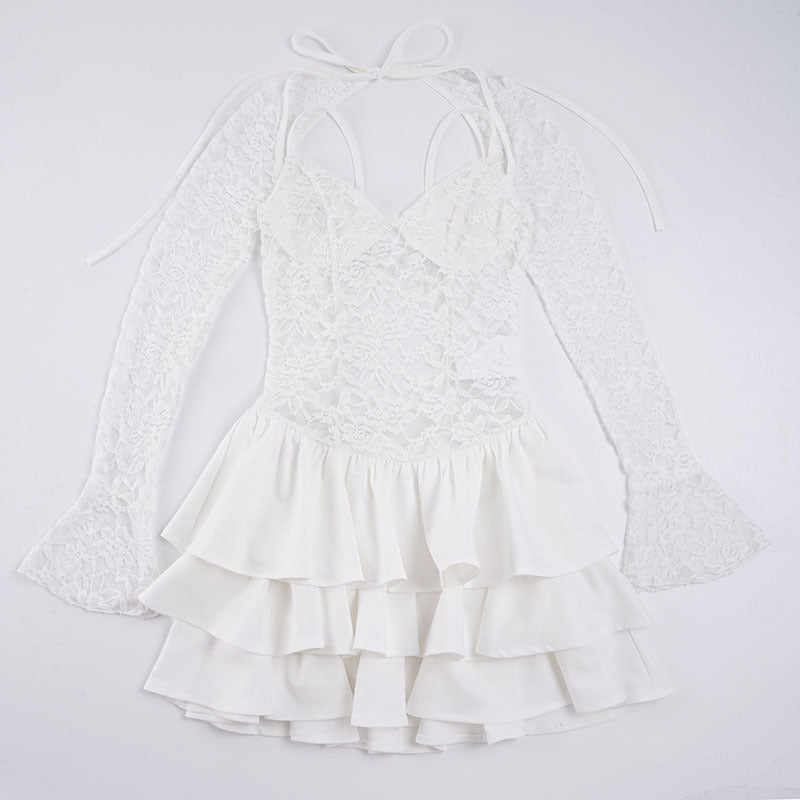 Damen Elegantes Spitzenkleid mit Rüschensaum und langen Ärmeln R&B