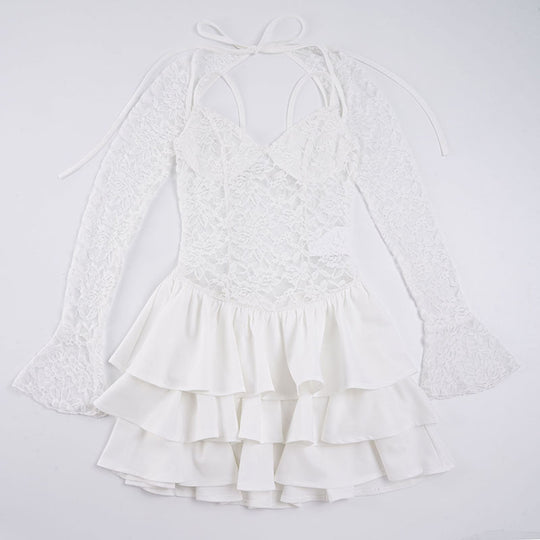 Damen Elegantes Spitzenkleid mit Rüschensaum und langen Ärmeln R&B