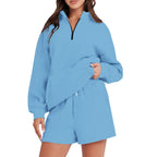 Damen Freizeit-Loungewear-Set mit halbem Reißverschluss und praktischen Taschen R&B