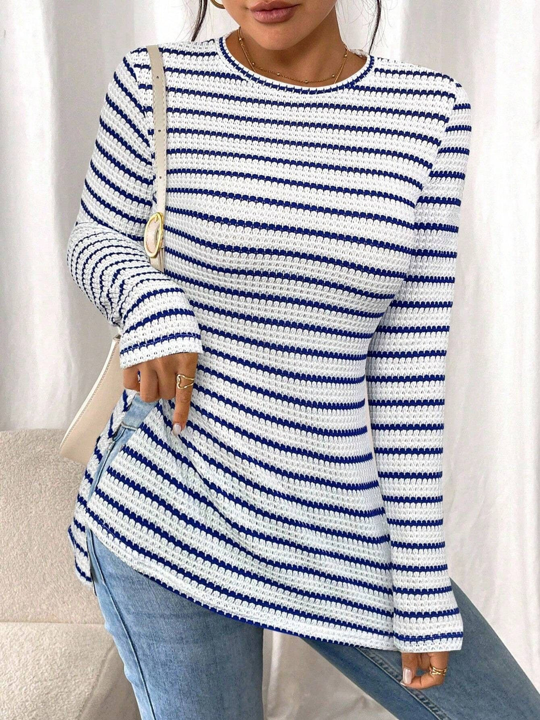 Damen Langarmshirt mit modernem Strickmuster und seitlichen Schlitzen R&B
