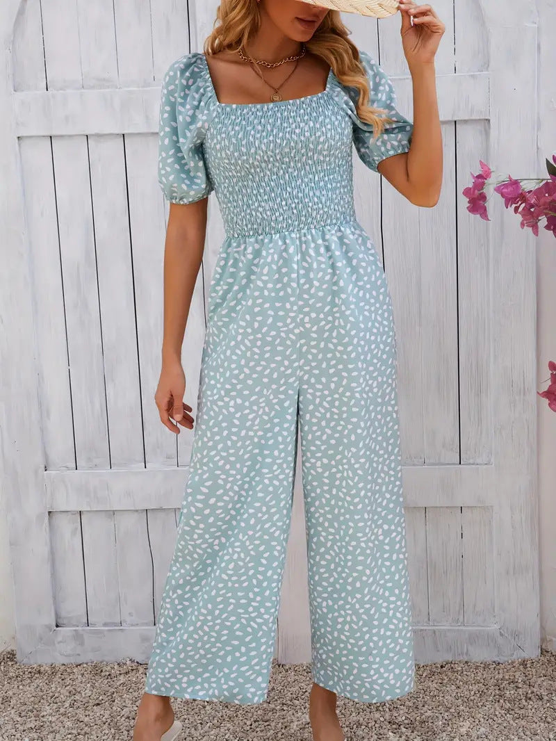 Damen Blumenmuster Jumpsuit mit Puffärmeln und Seitentaschen R&B