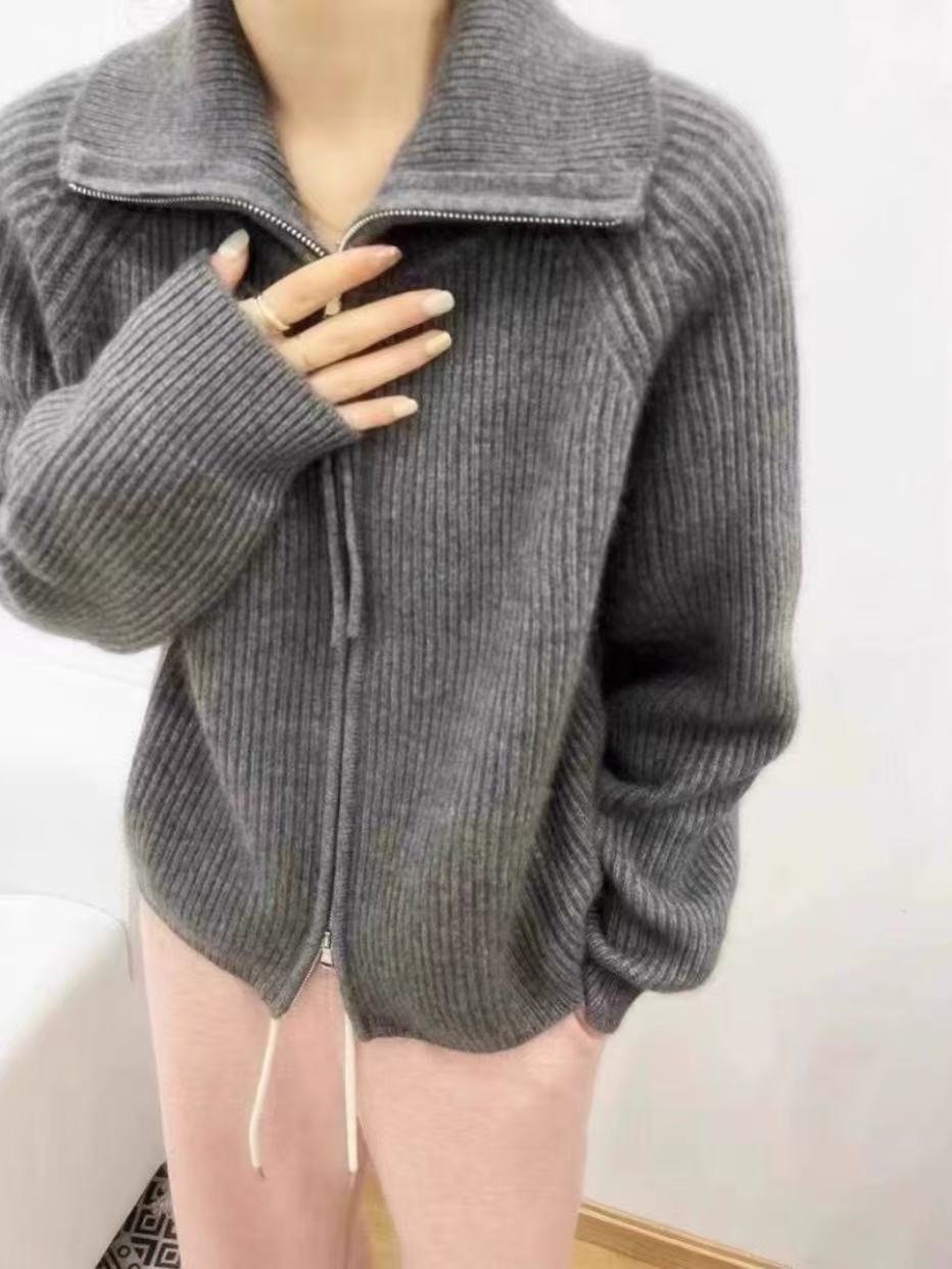 Damen Strickjacke mit hohem Kragen und durchgehendem Reißverschluss R&B