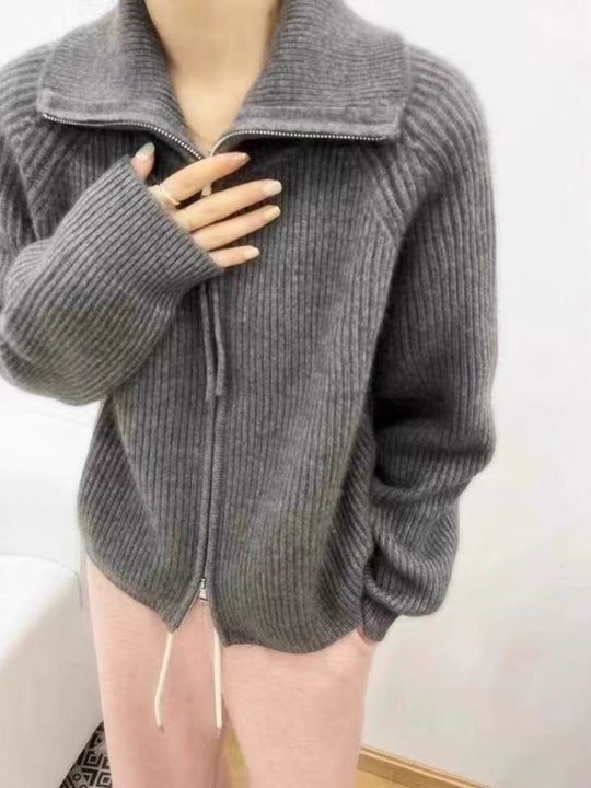 Damen Strickjacke mit hohem Kragen und durchgehendem Reißverschluss R&B