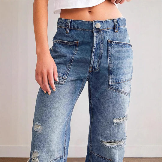 Damen weit geschnittene Jeans mit kreativen Taschen und Destroyed-Details R&B