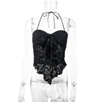 Damen Freizeit Top mit verspieltem Bindand und Spitze