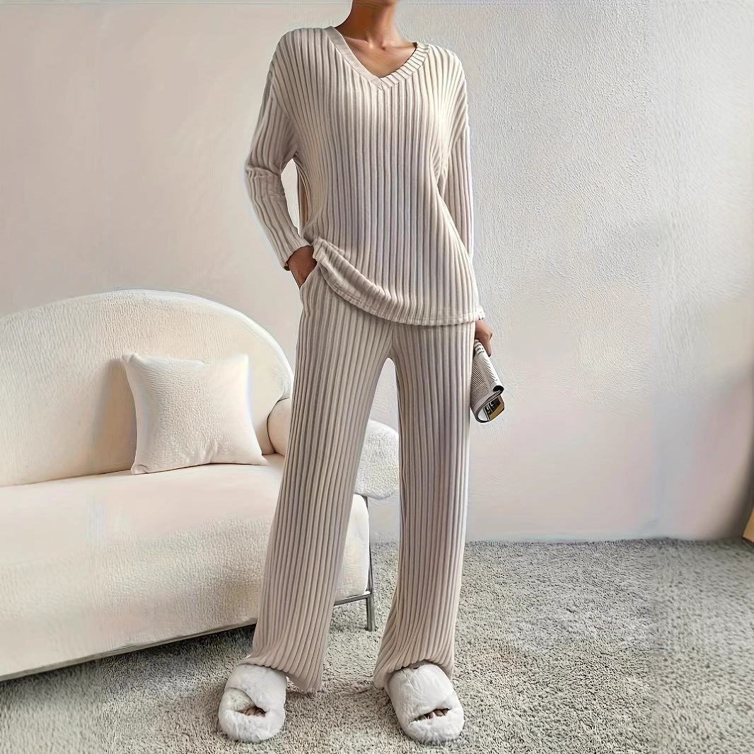 Damen Komfortables Strickset mit V-Ausschnitt und geripptem Design R&B