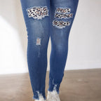 Damen Ripped Skinny Jeans mit modischen Leoparden-Applikationen R&B
