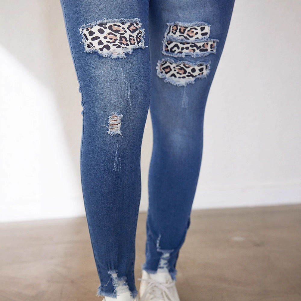 Damen Ripped Skinny Jeans mit modischen Leoparden-Applikationen R&B