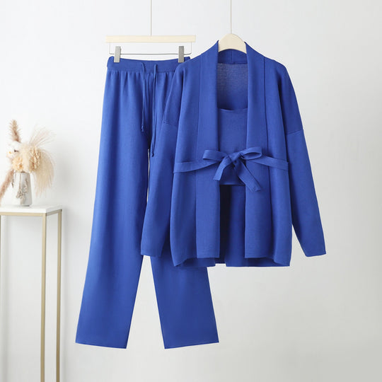 Damen gemütliches Freizeit-Loungewear-Set mit Bindegürtel und weitgeschnittenen Hosen R&B
