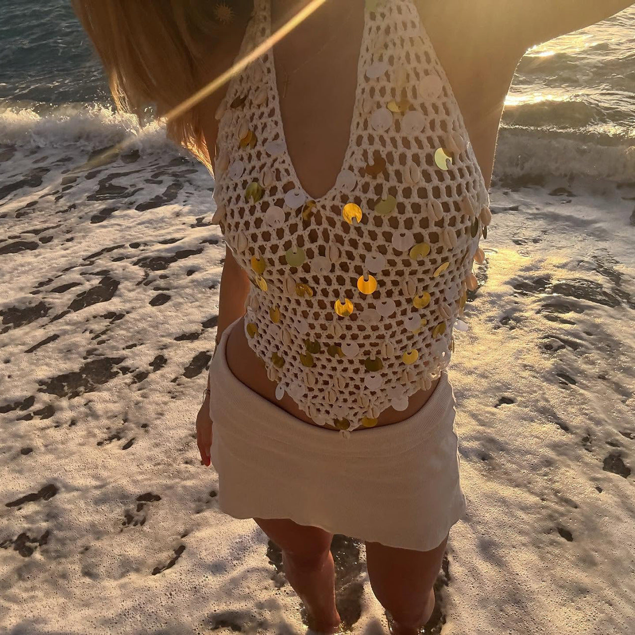 Damen luftiges Strandtop mit glitzernden Details R&B