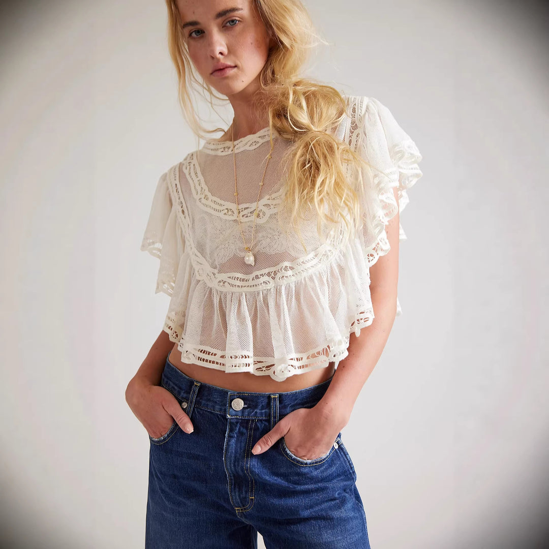 Damen Elegante Häkelbluse mit voluminösen Rüschendetails und transparentem Stoff R&B