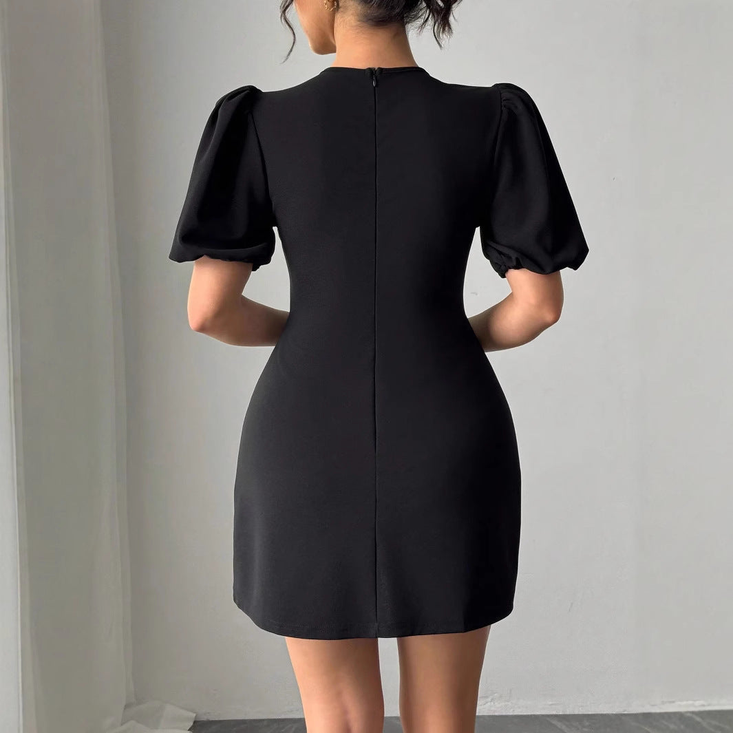 Damen nan kurzes Cocktailkleid mit voluminösen Puffärmeln, Brust-Schlitz und Strass-Clipverschluss R&B
