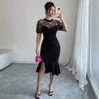 Damen Elegantes Kleid mit transparentem Spitzenoberteil und floralem Design R&B