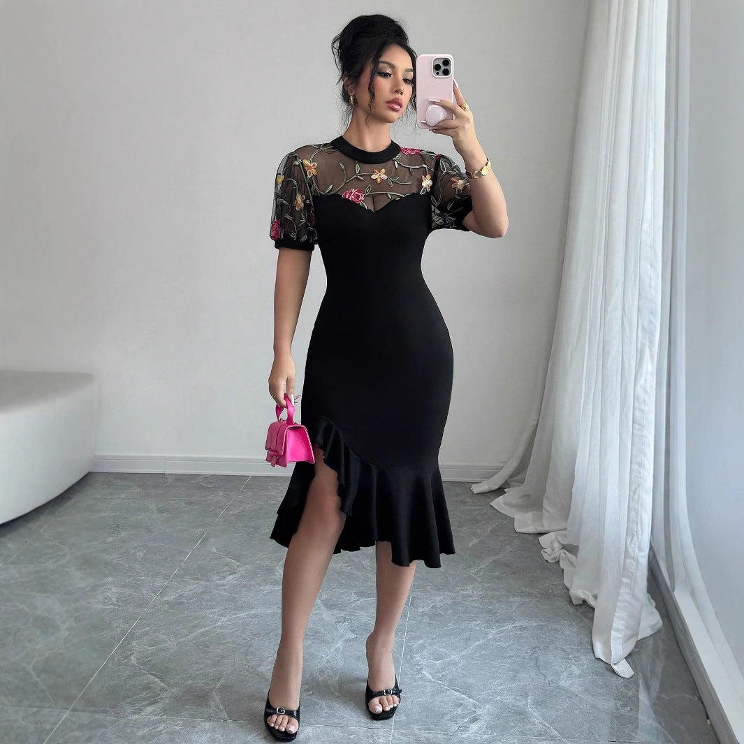 Damen Elegantes Kleid mit transparentem Spitzenoberteil und floralem Design R&B