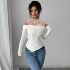 Damen nan figurbetontes schulterfreies Rippstrick-Top mit Spitzen-Illusionskragen und Blütenapplikation R&B