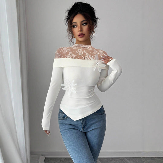 Damen nan figurbetontes schulterfreies Rippstrick-Top mit Spitzen-Illusionskragen und Blütenapplikation R&B