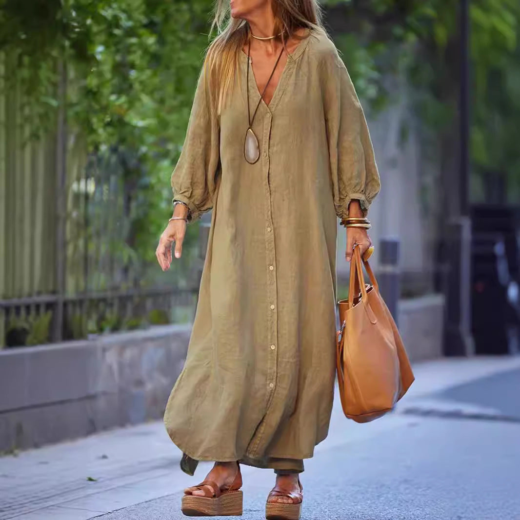 Damen Maxikleid mit Knöpfen und eleganten Ärmeln R&B