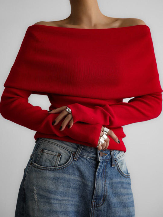 Damen Elegantes Off-Shoulder Oberteil mit geschmeidiger Textur und ausgestellten Ärmeln R&B