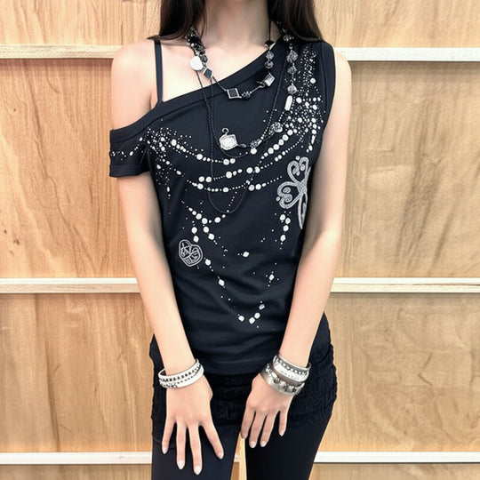 Damen asymmetrisches Tanktop mit stylischem Druck und verzierten Applikationen R&B