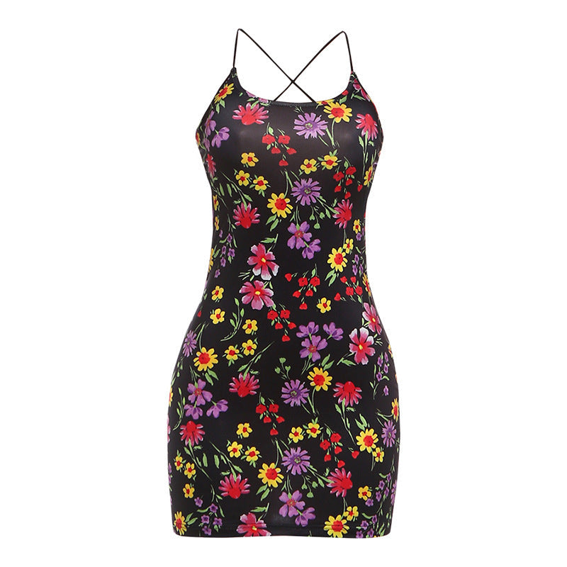 Damen Blumenmuster Minikleid mit Spaghetti-Trägern und figurbetontem Schnitt R&B