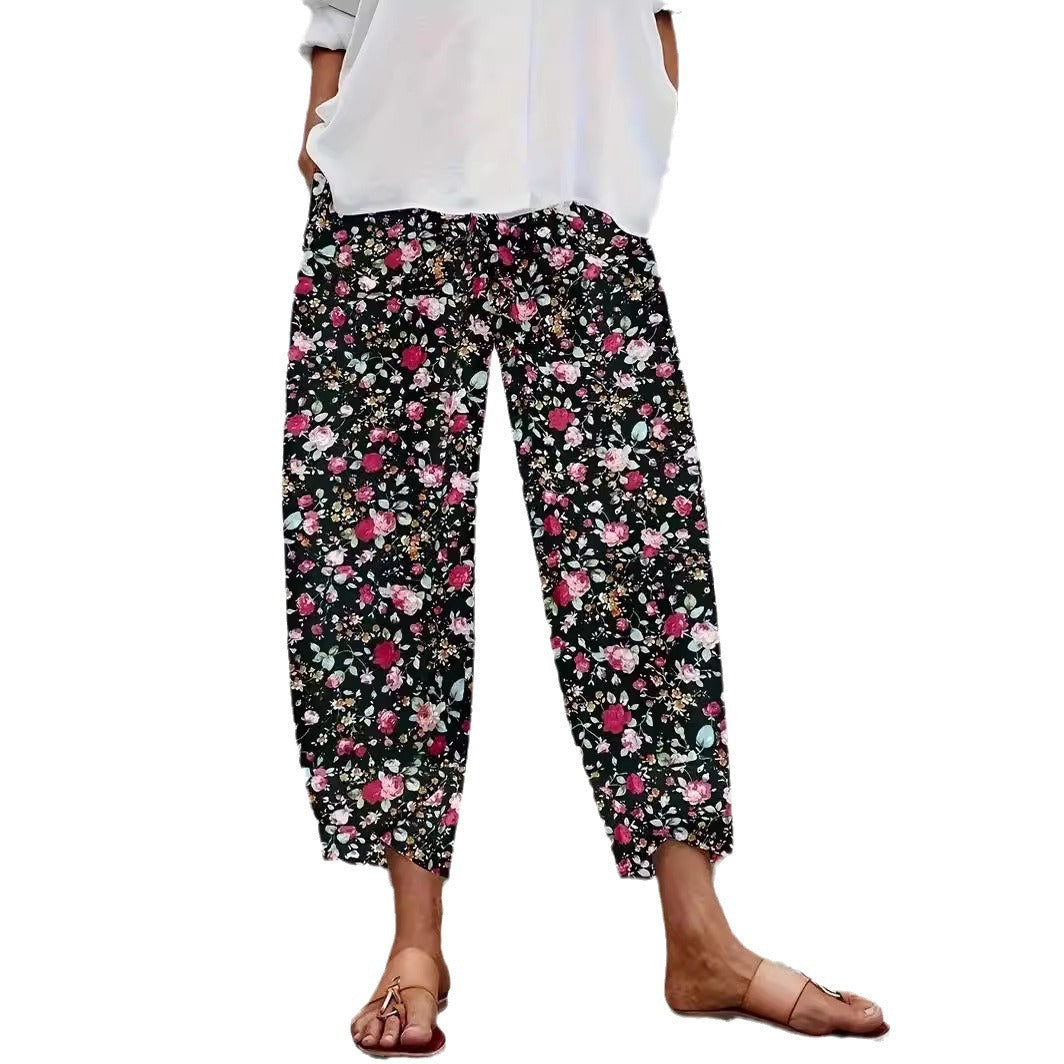 Damen lässige weite Stoffhose mit floralem Muster und elastischem Bund R&B