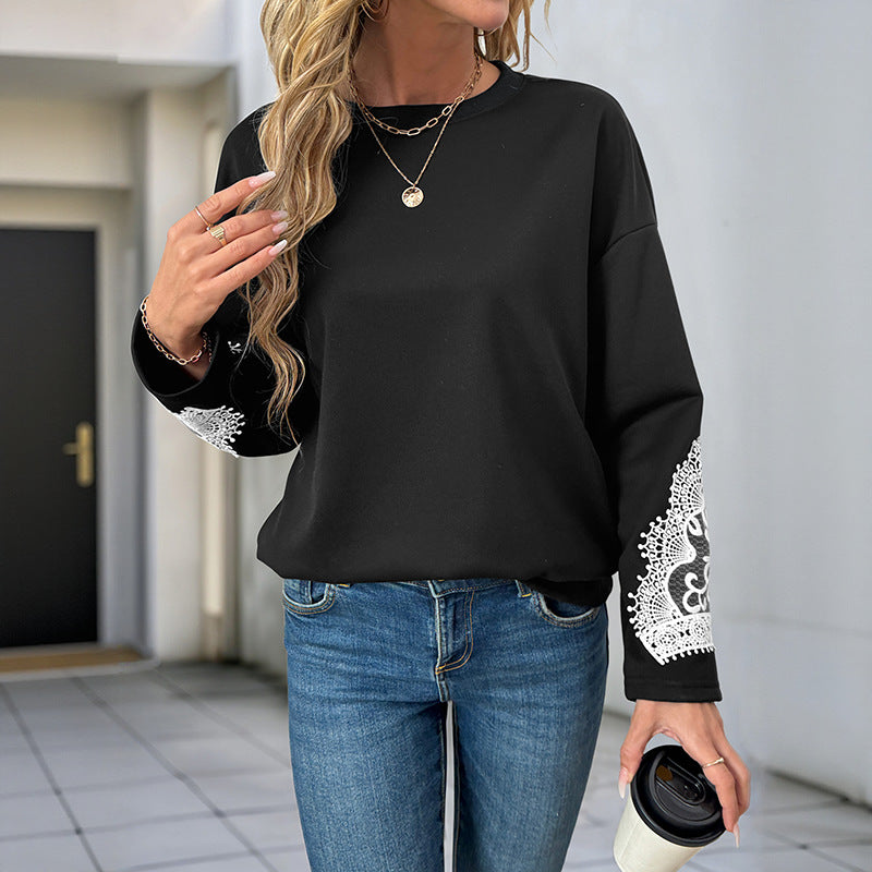 Damen elegantes Sweatshirt mit Spitzenakzenten an den Ärmeln R&B