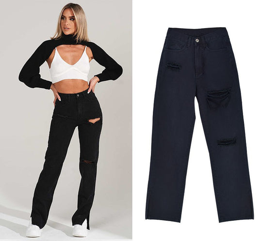 Damen lässige Ripped Jeans mit hoher Taille und modernen Fransen R&B