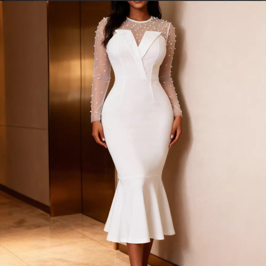 Damen Elegantes Hochzeitskleid mit transparenten Puffärmeln und Taillengürtel R&B
