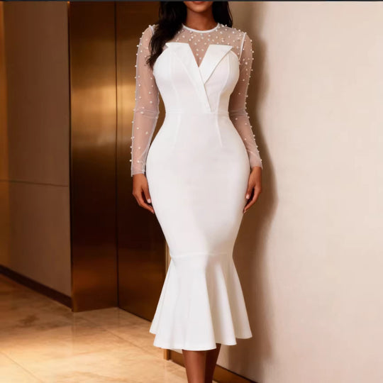 Damen Elegantes Hochzeitskleid mit transparenten Puffärmeln und Taillengürtel R&B