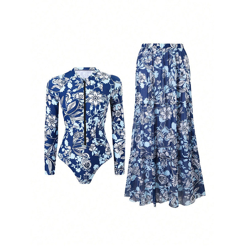 Damen Badeanzug mit langärmligem Design und floralem Maxirock
