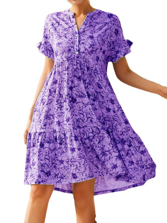 Damen lässiges Blumenkleid mit Knopfleiste und Rüschendetails R&B