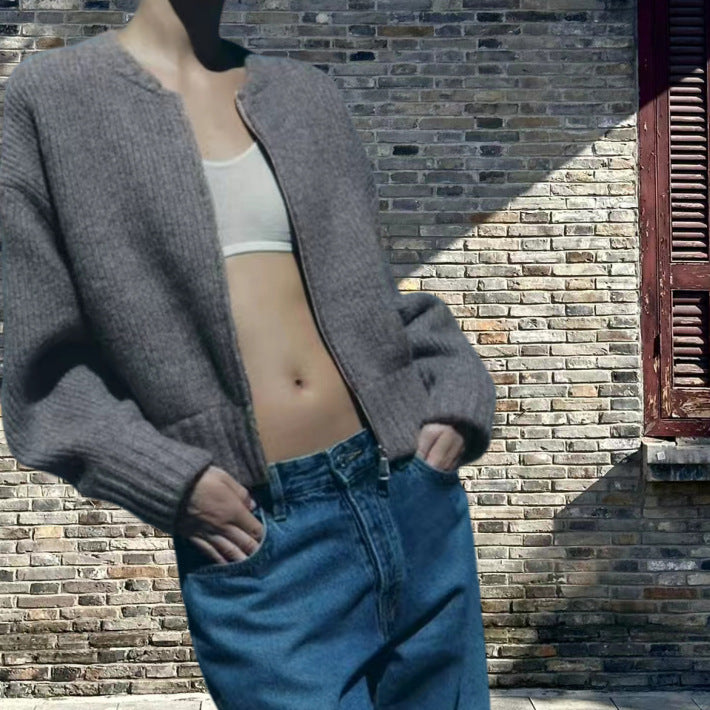 Damen lässiger Strickjacke mit hochgeschlossenem Reißverschluss und voluminösen Ärmeln R&B