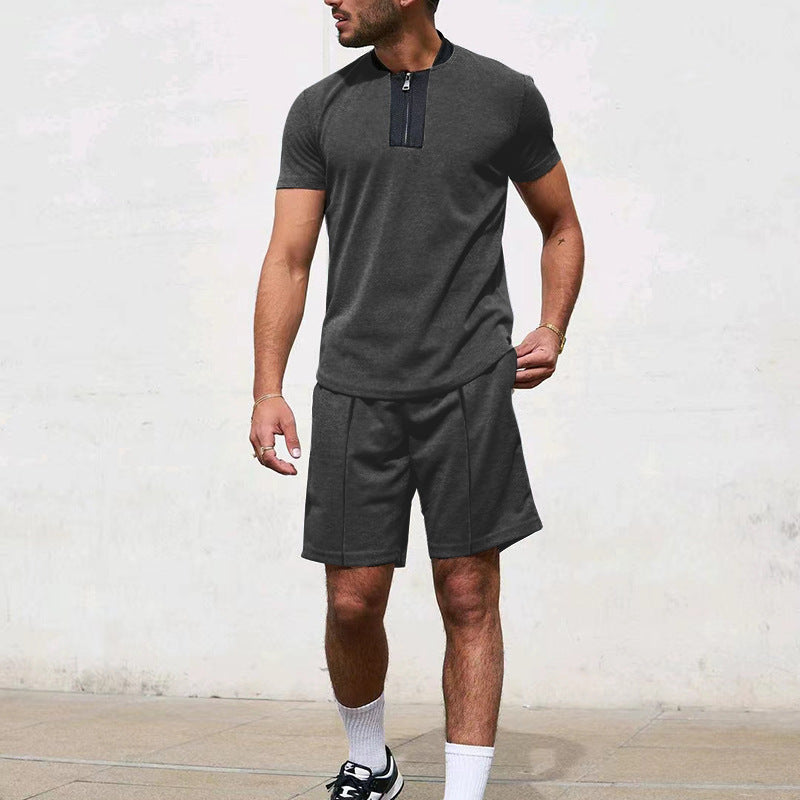 Herren Sportliches Kurzarm-T-Shirt mit Reißverschluss und Joggingshorts R&B