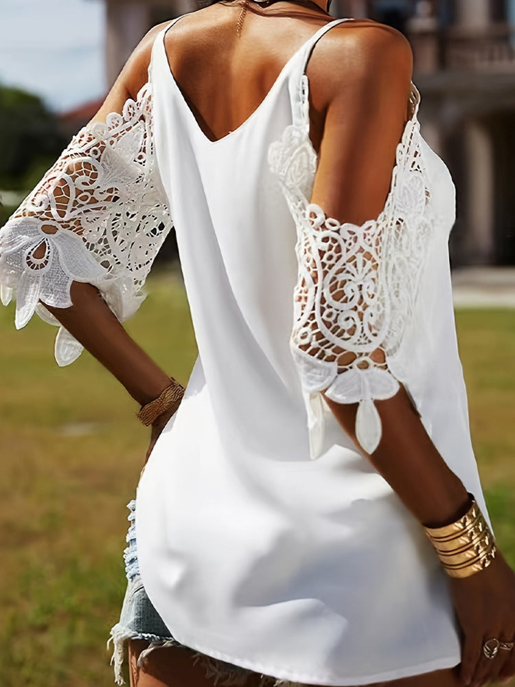 Damen Bluse mit offenen Schultern und Spitzenakzenten R&B