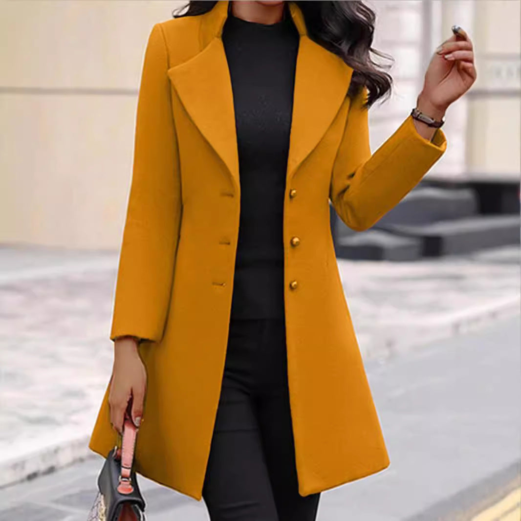 Damen zeitloser Wollmantel mit stilvollem Revers und eleganter Knopfleiste R&B