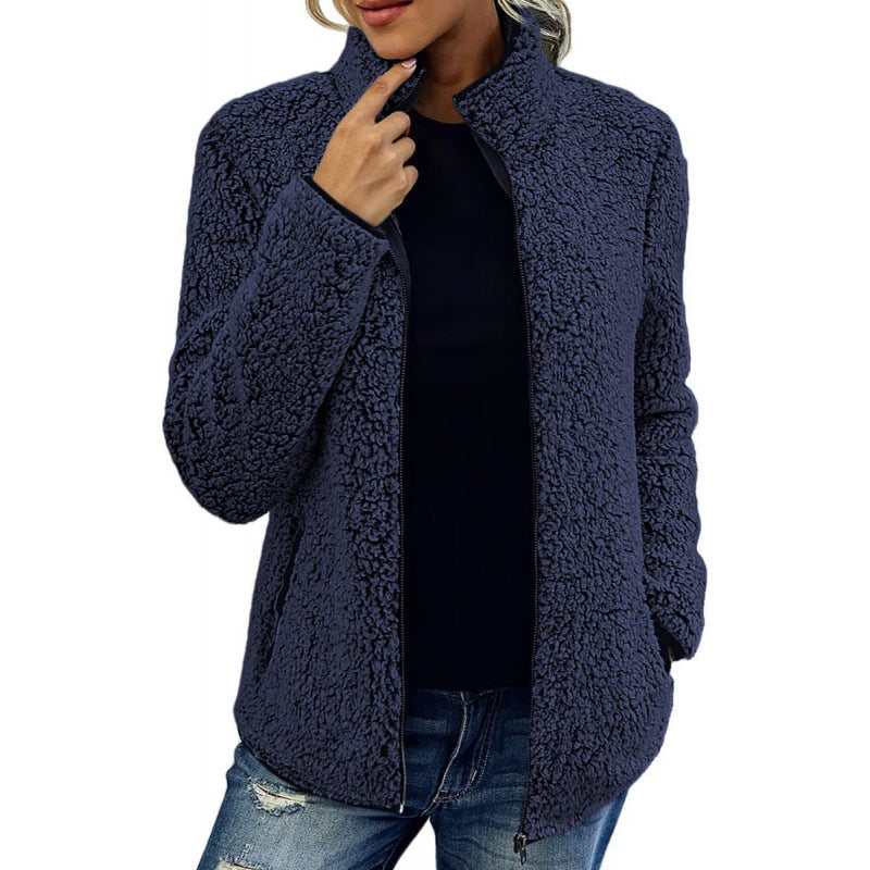 Damen flauschige Fleecejacke mit hohem Kragen und seitlichen Taschen R&B