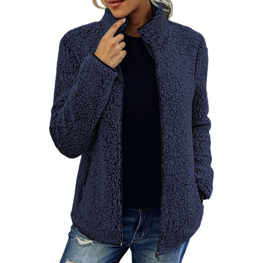 Damen flauschige Fleecejacke mit hohem Kragen und seitlichen Taschen R&B