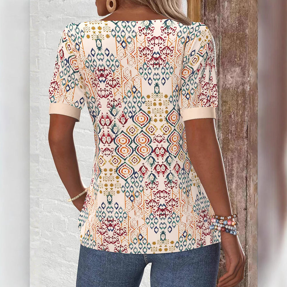 Damen Blusenshirt mit strukturiertem Grafikdesign und eleganten Knopfdetails Heidi-Mode