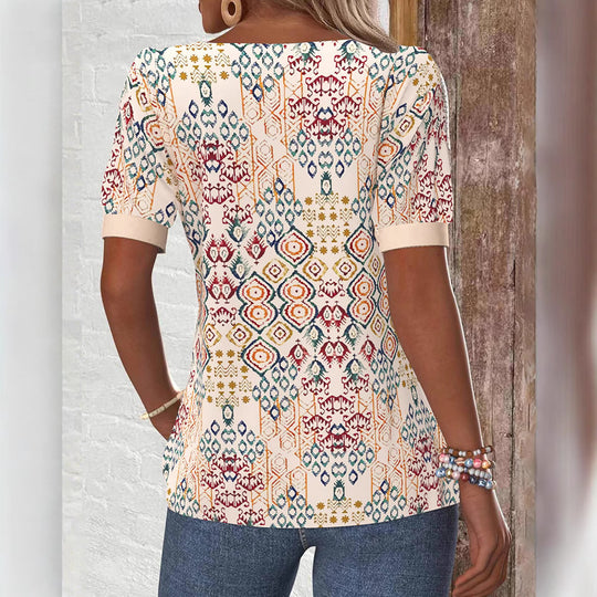 Damen nan leichtes Boho-Blusenshirt mit quadratischem Ausschnitt, Zierknopfleiste und geschwungenem Saum R&B