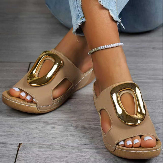 Damen elegante Riemchen-Pantoletten mit modischem Goldakzent R&B