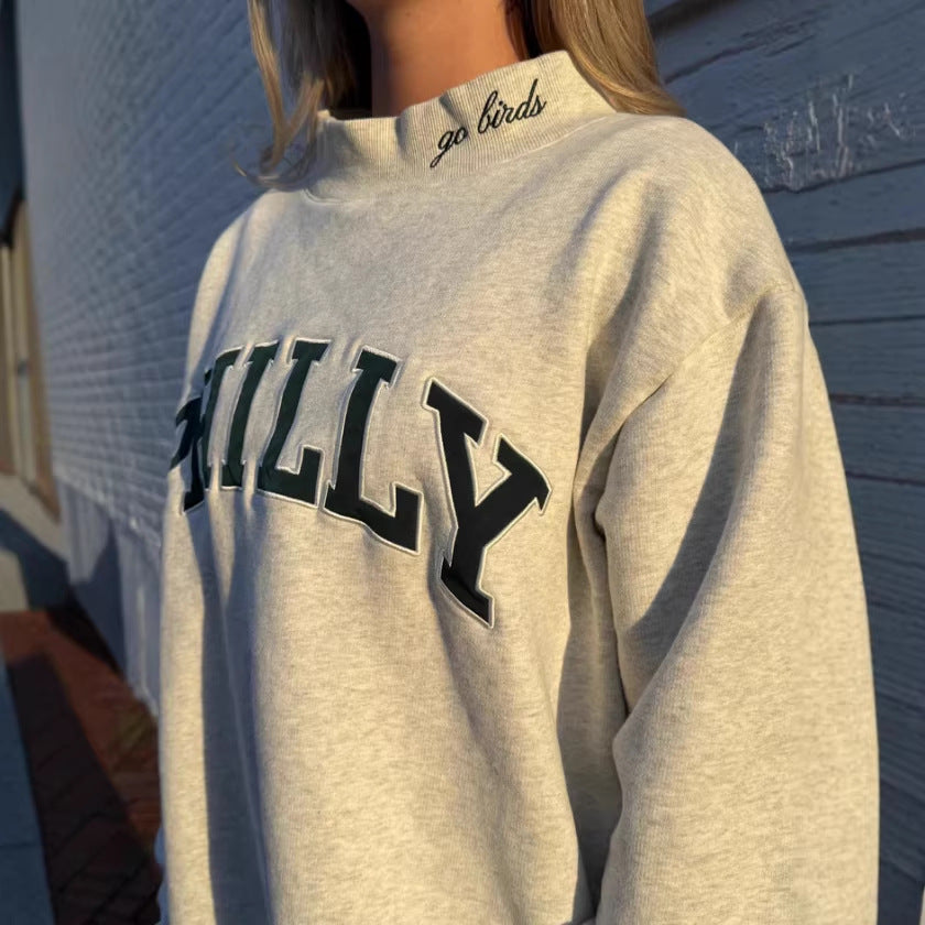 Damen nan weit geschnittenes College-Sweatshirt mit hohem Stehkragen und aufgenähtem Schriftzug R&B