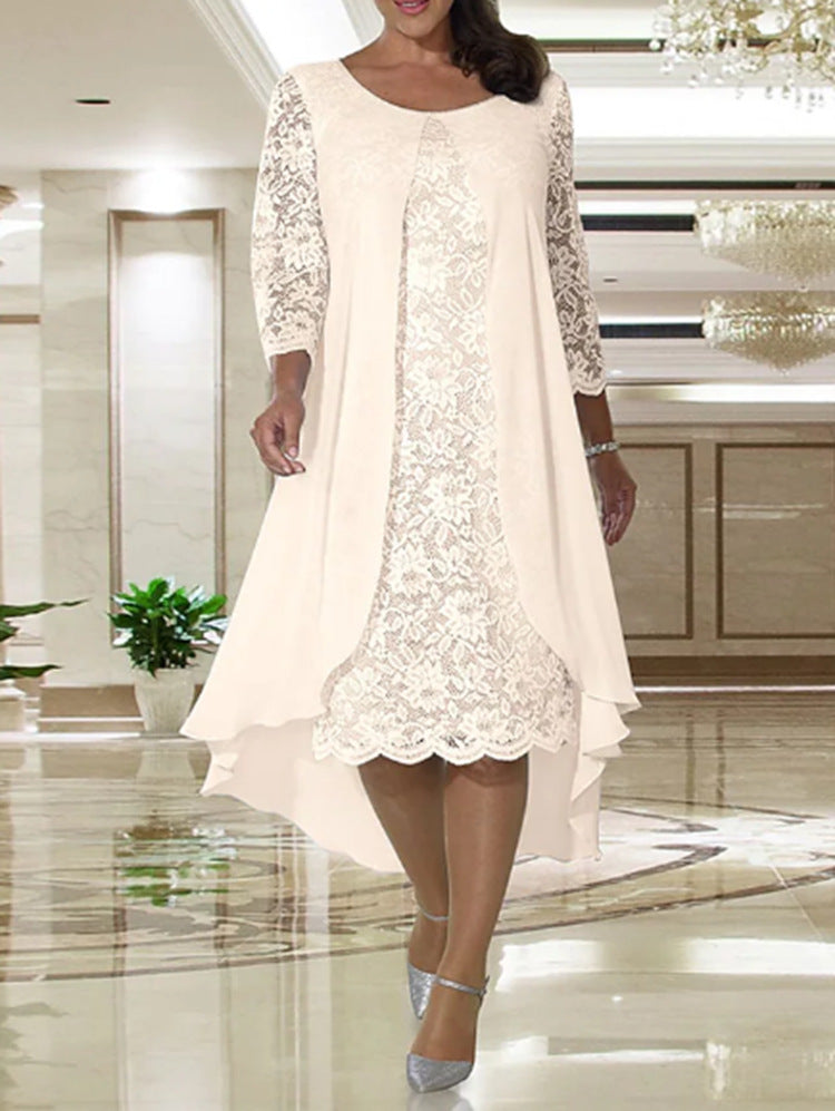 Damen nan elegantes Chiffon-Spitzenkleid mit Vokuhila-Überwurf und dreiviertelärmeln R&B