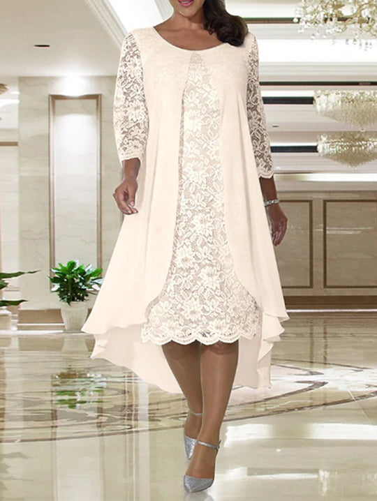 Damen nan elegantes Chiffon-Spitzenkleid mit Vokuhila-Überwurf und dreiviertelärmeln R&B