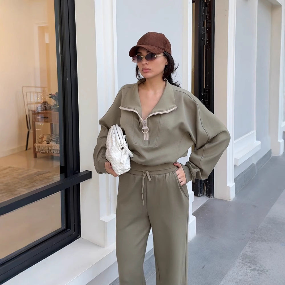 Damen gemütliches Fleece-Loungewear-Set mit hochgezogenem Kragen und lockerer Passform R&B
