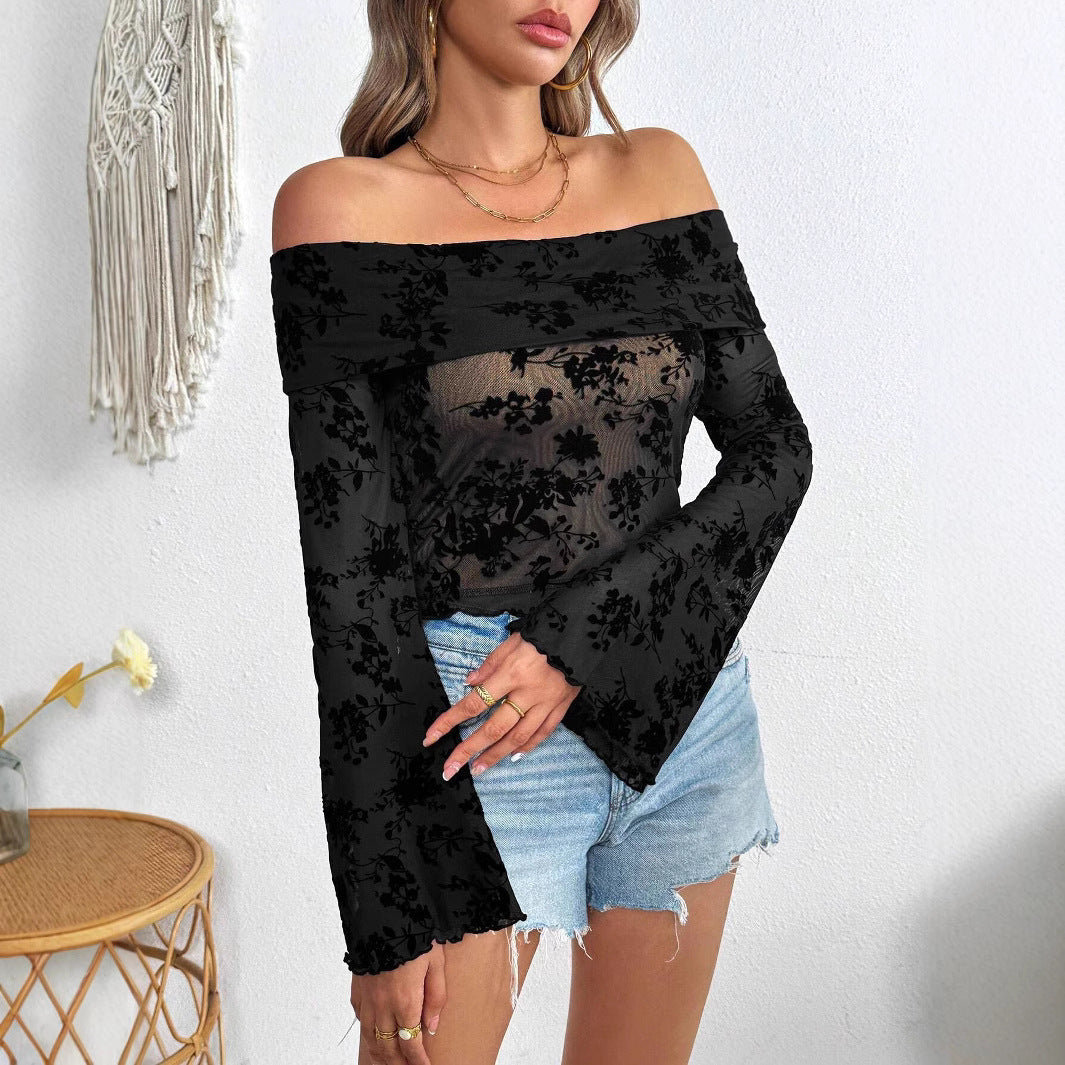 Damen Off-Shoulder Oberteil mit transparentem floralem Design und ausgestellten Ärmeln R&B