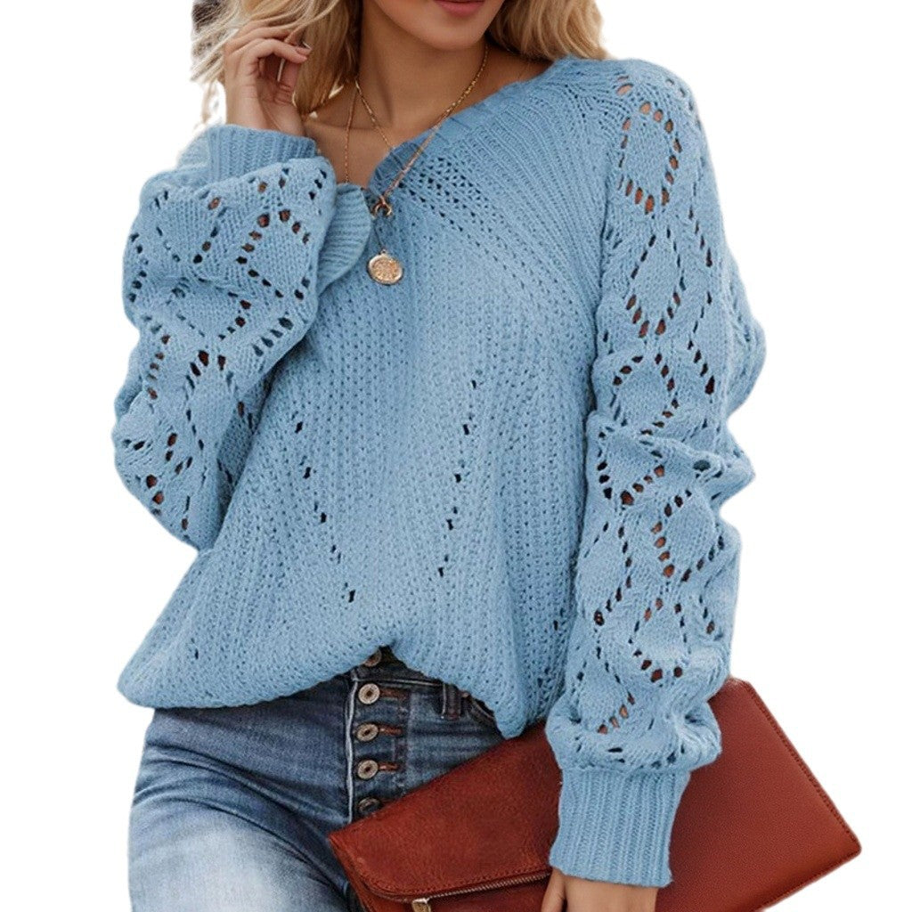 Damen Strickpullover mit romantischem Lochmuster und voluminösen Ärmeln R&B