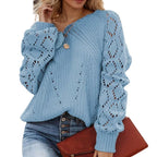 Damen Strickpullover mit romantischem Lochmuster und voluminösen Ärmeln